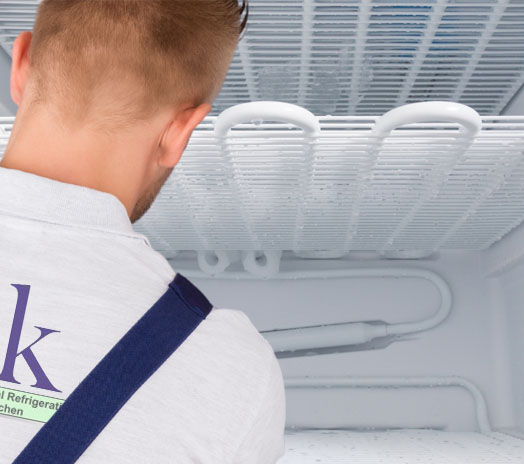 Technician inspecting the interior of a commercial refrigeration unit, focusing on the cooling coils and components.