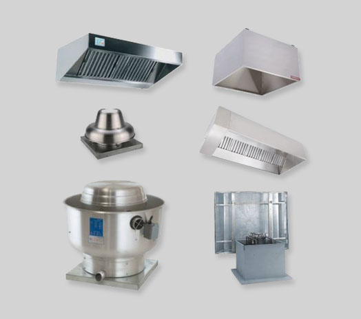 Variety of commercial kitchen exhaust fans and ventilation hoods for effective air circulation and filtration.