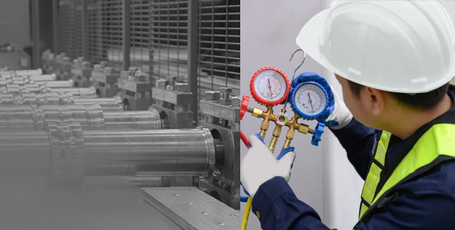 Split image showing an industrial cooling system on the left and a technician adjusting pressure gauges on HVAC equipment on the right.