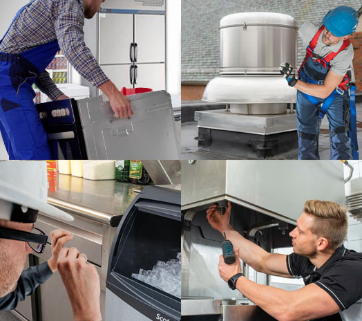 Collage of technicians performing various maintenance tasks, including inspecting a rooftop HVAC unit, working on commercial kitchen appliances, and servicing an ice machine.