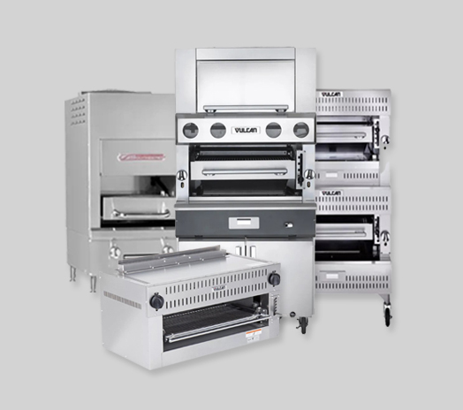 Selection of commercial charbroilers and broiler ovens for professional kitchens.