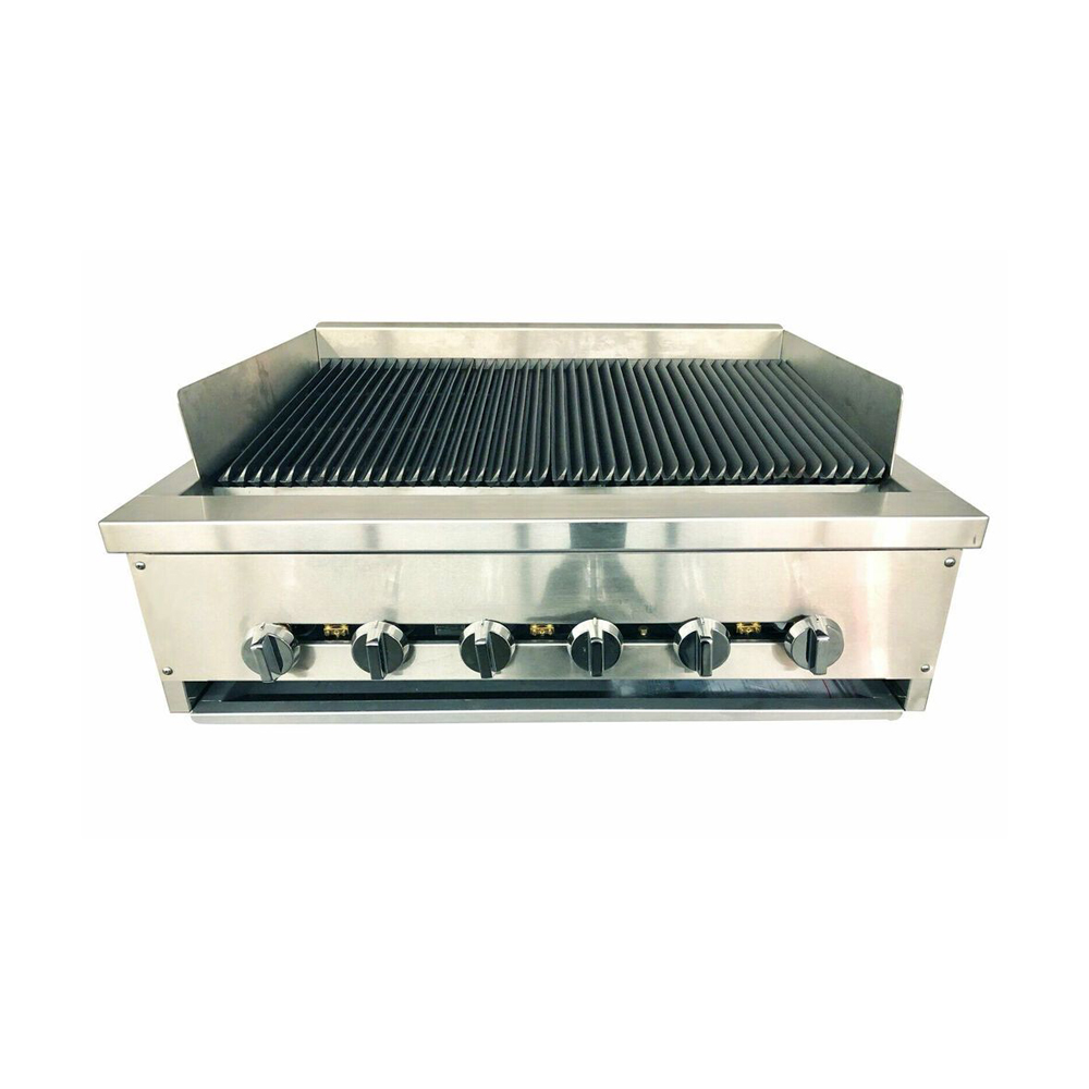 Stainless steel commercial charbroiler with multiple burners and adjustable grates, perfect for high-heat cooking.