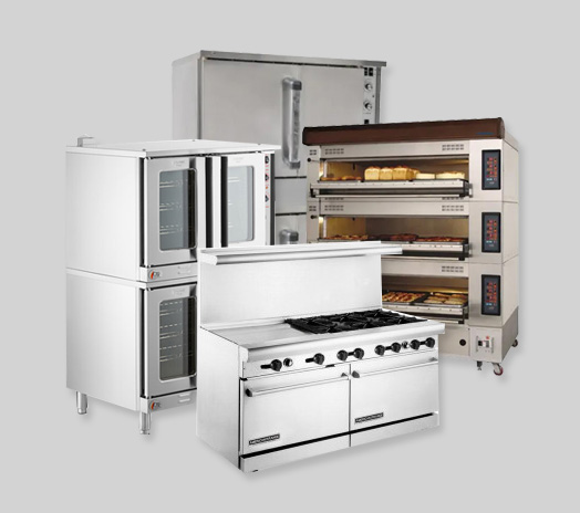 Assorted commercial restaurant equipment including a charbroiler, oven range, refrigeration unit, and double deck oven.