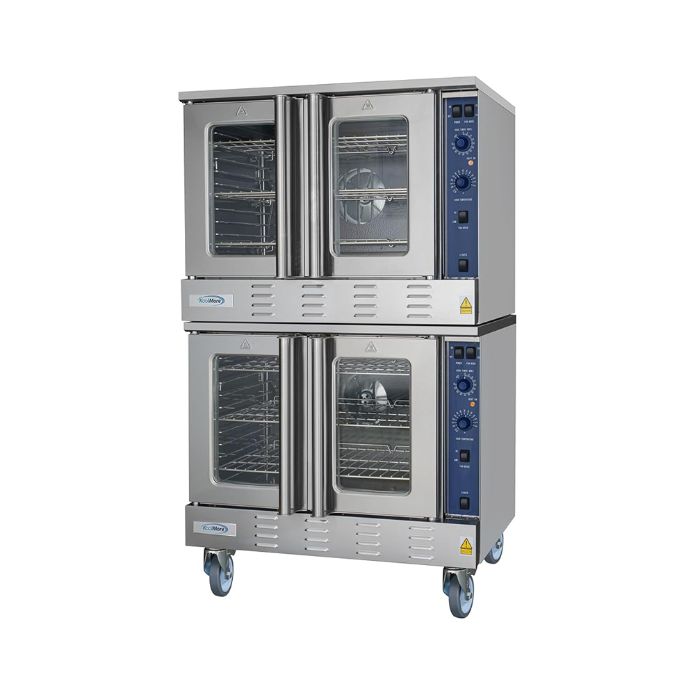 Stainless steel double-stack convection oven with glass doors and digital controls, designed for even cooking in a professional kitchen.