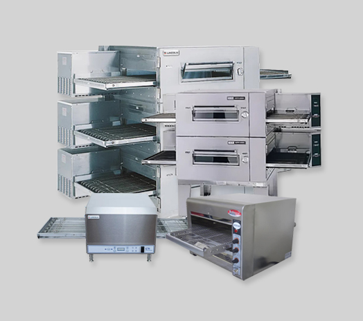 Commercial conveyor ovens arranged together, showcasing different models and configurations for high-efficiency cooking.