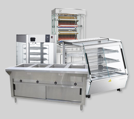 Assortment of commercial food warming equipment, including display cases and warmers.