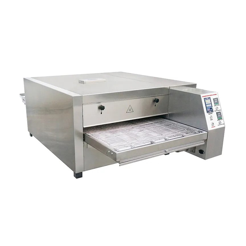 Commercial conveyor oven with a stainless steel finish, featuring a wide conveyor belt and digital controls for automated cooking.