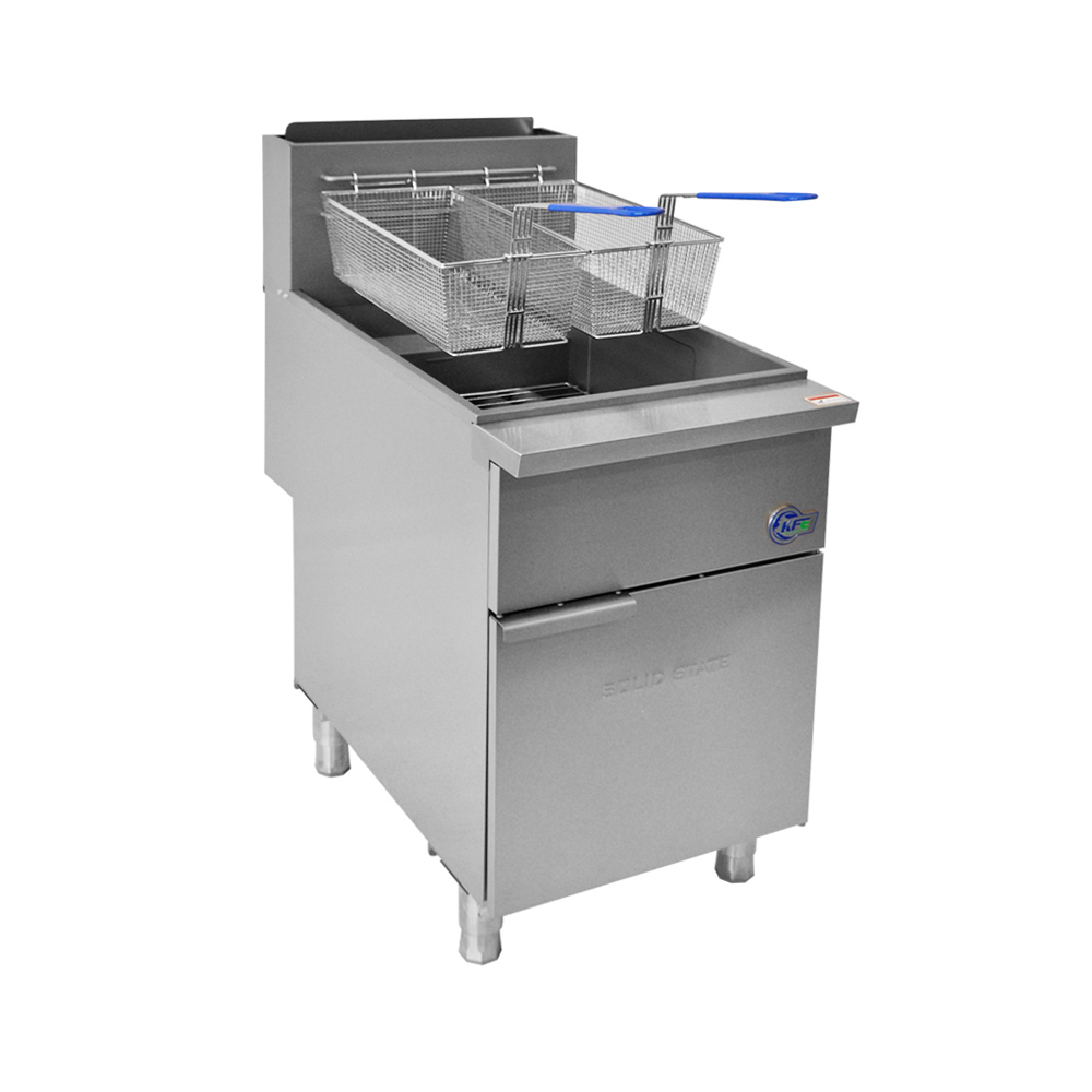 Stainless steel deep fryer with dual baskets and temperature control, designed for high-volume frying in a commercial kitchen.