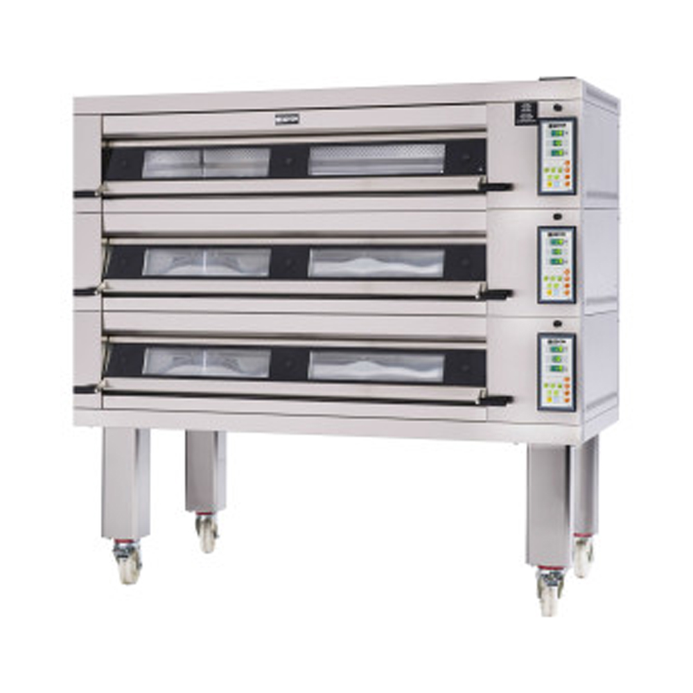 Commercial stainless steel pizza oven with a wide opening and adjustable temperature controls, designed for baking pizzas evenly in a high-volume kitchen.