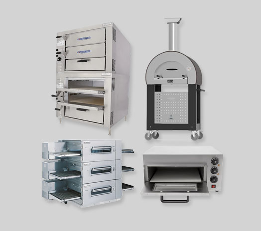 Various types of commercial pizza ovens, including conveyor, deck, and portable models.