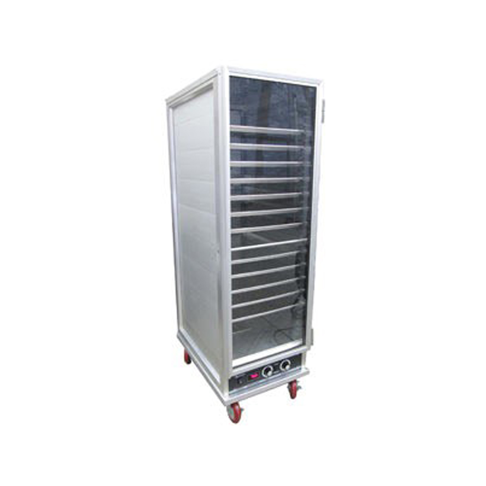 Stainless steel commercial proofer with multiple racks and temperature controls, used for proofing dough in a professional bakery or kitchen.