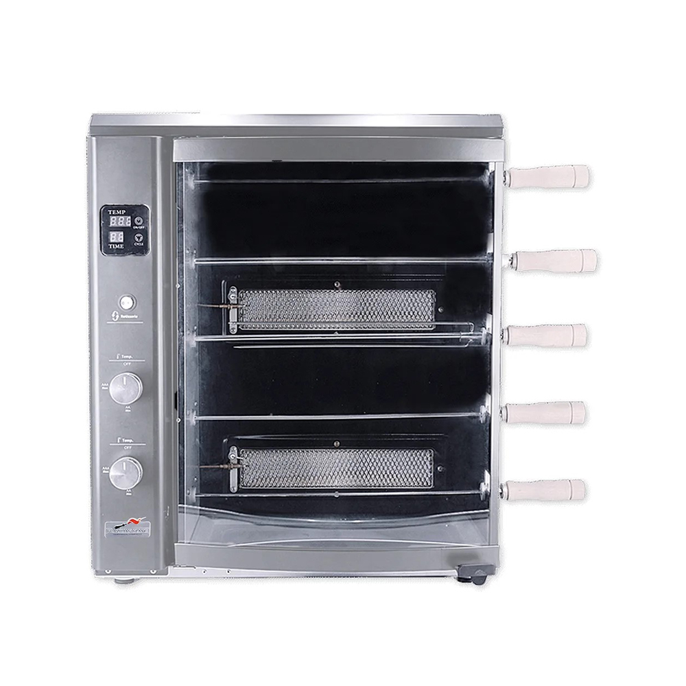 Commercial rotisserie oven with multiple spits and digital controls, designed for roasting meats evenly in a professional kitchen.