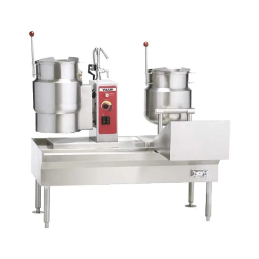 Commercial tilt skillet with a stainless steel design, featuring a large cooking basin and adjustable controls.